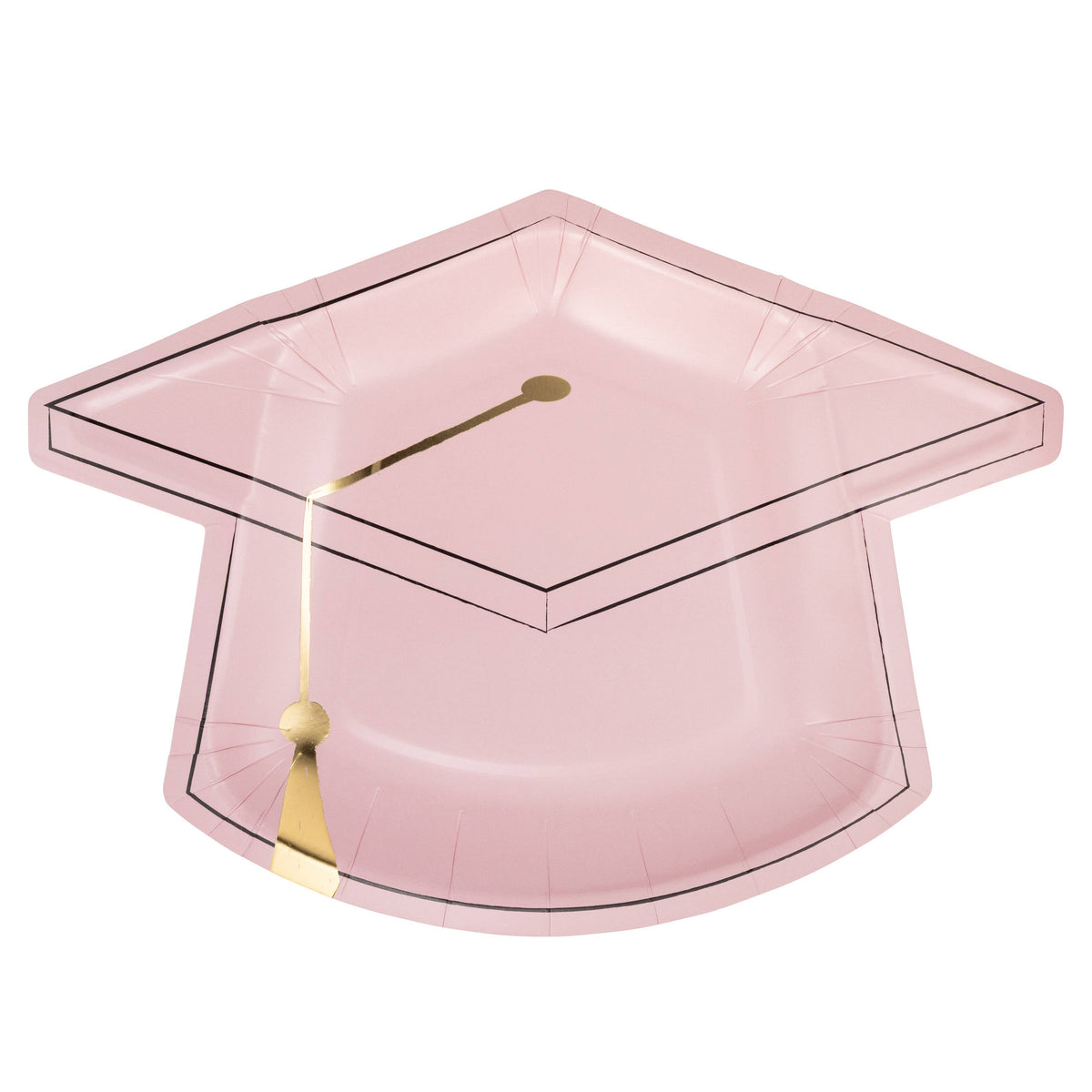 Pink graduation cap shaped paper plate with gold foil tassel detail