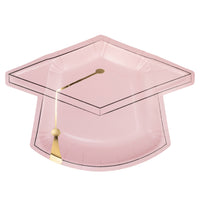 Pink graduation cap shaped paper plate with gold foil tassel detail