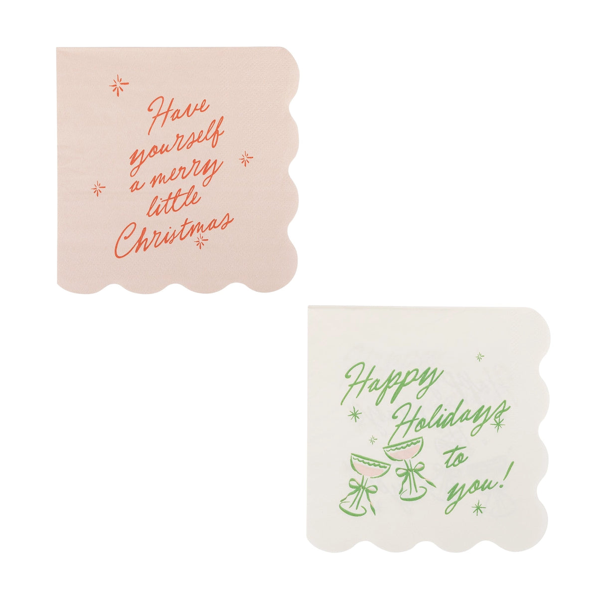 Two Pink and Green Christmas cocktail napkin designs shown together