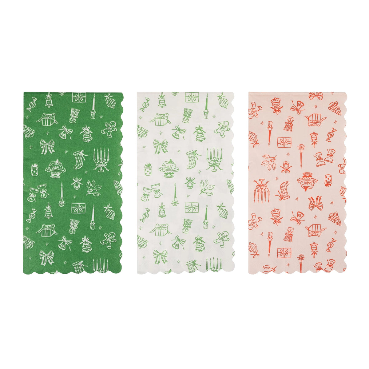 Three Pink and Green Christmas dinner napkin designs shown side by side
