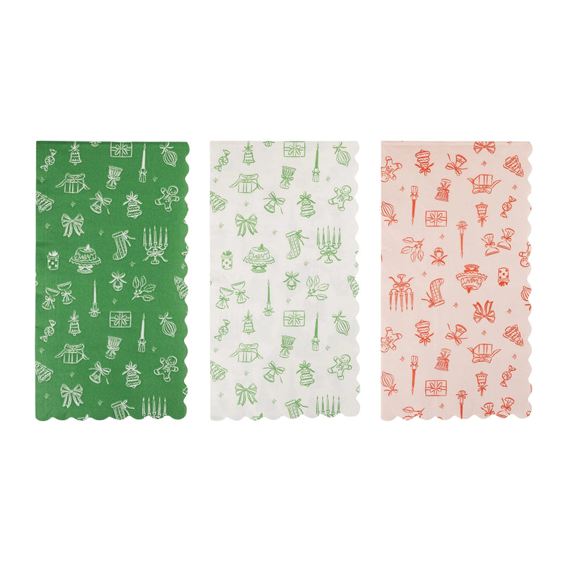 Three Pink and Green Christmas dinner napkin designs shown side by side