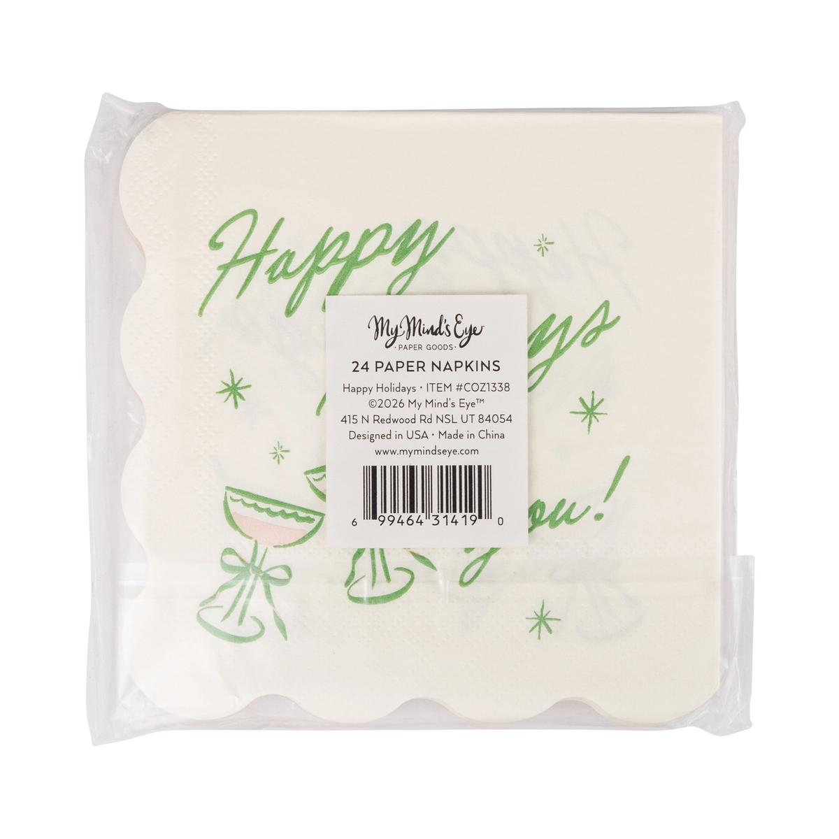 Back of the cocktail napkins packaging showing product details and barcode