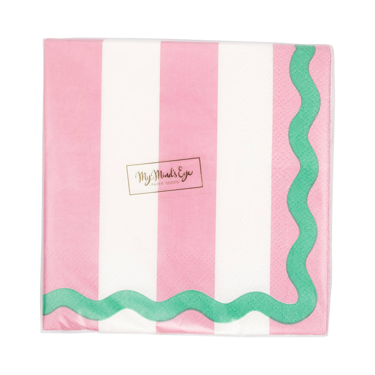 Front view of packaged pink and green cocktail napkins
