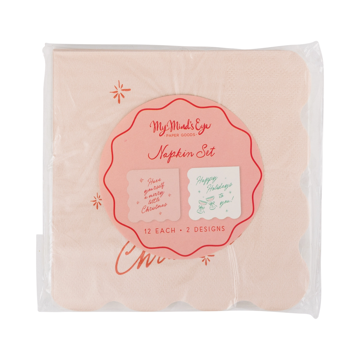 Pink and Green Christmas cocktail napkins in retail packaging with header card