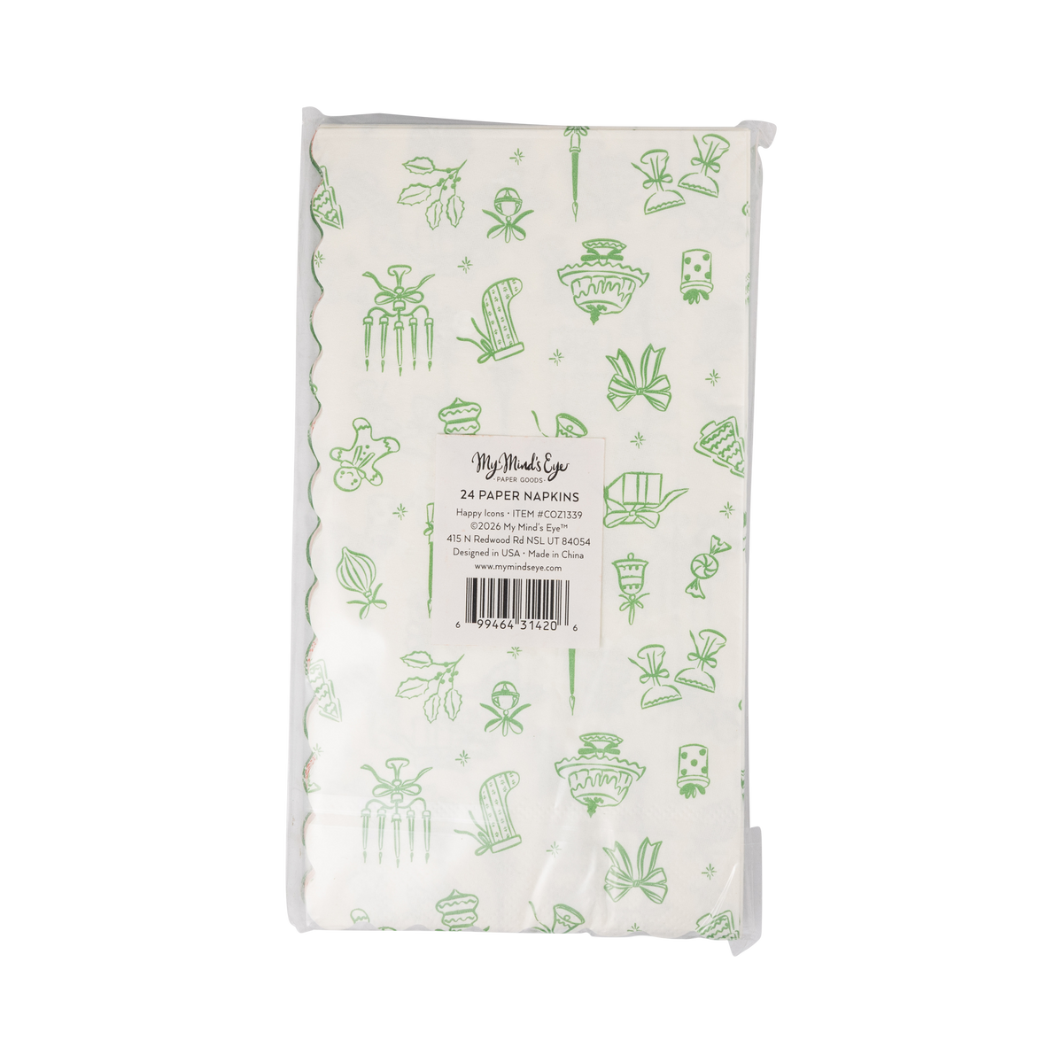Back of the dinner napkins packaging showing product details and barcode