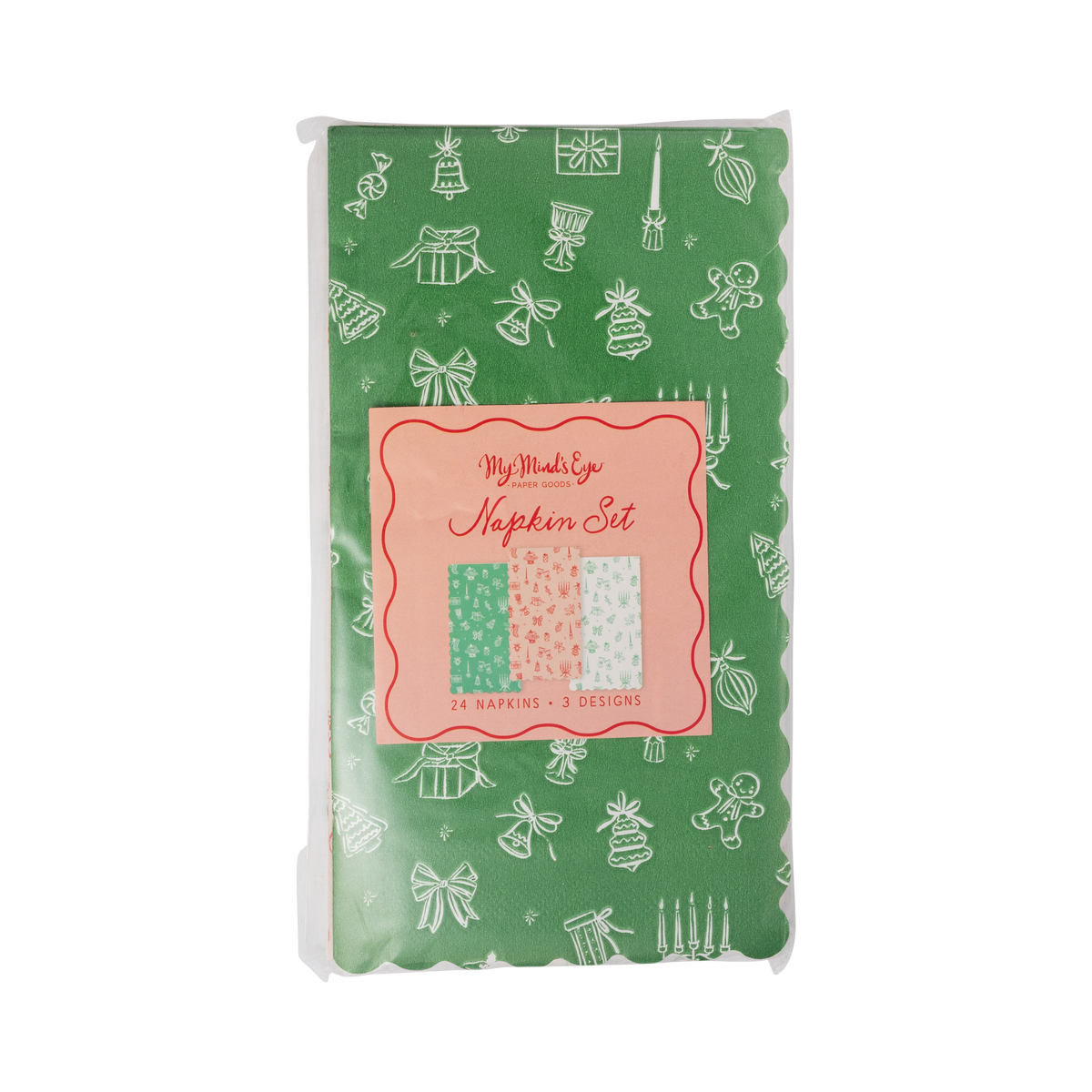 Pink and Green Christmas dinner napkins in retail packaging with header card