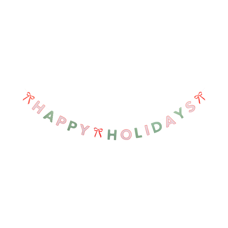 Pink and green Happy Holidays paper banner and cozy icon banner shown laid flat