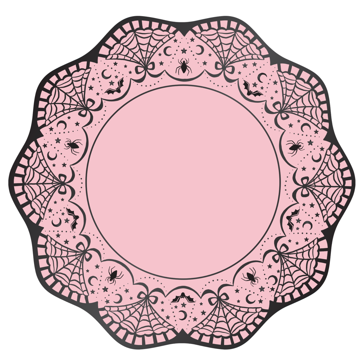 Scalloped soft-pink Halloween dinner plate with an intricate black lace border of spiderwebs, bats, spiders, crescent moons, bows, and stars around a clean pink center, overhead view on white background.