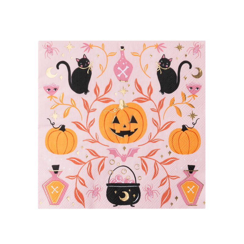 Pink Halloween paper napkin with black cats, pumpkins, cauldrons, potions, and gold foil moons
