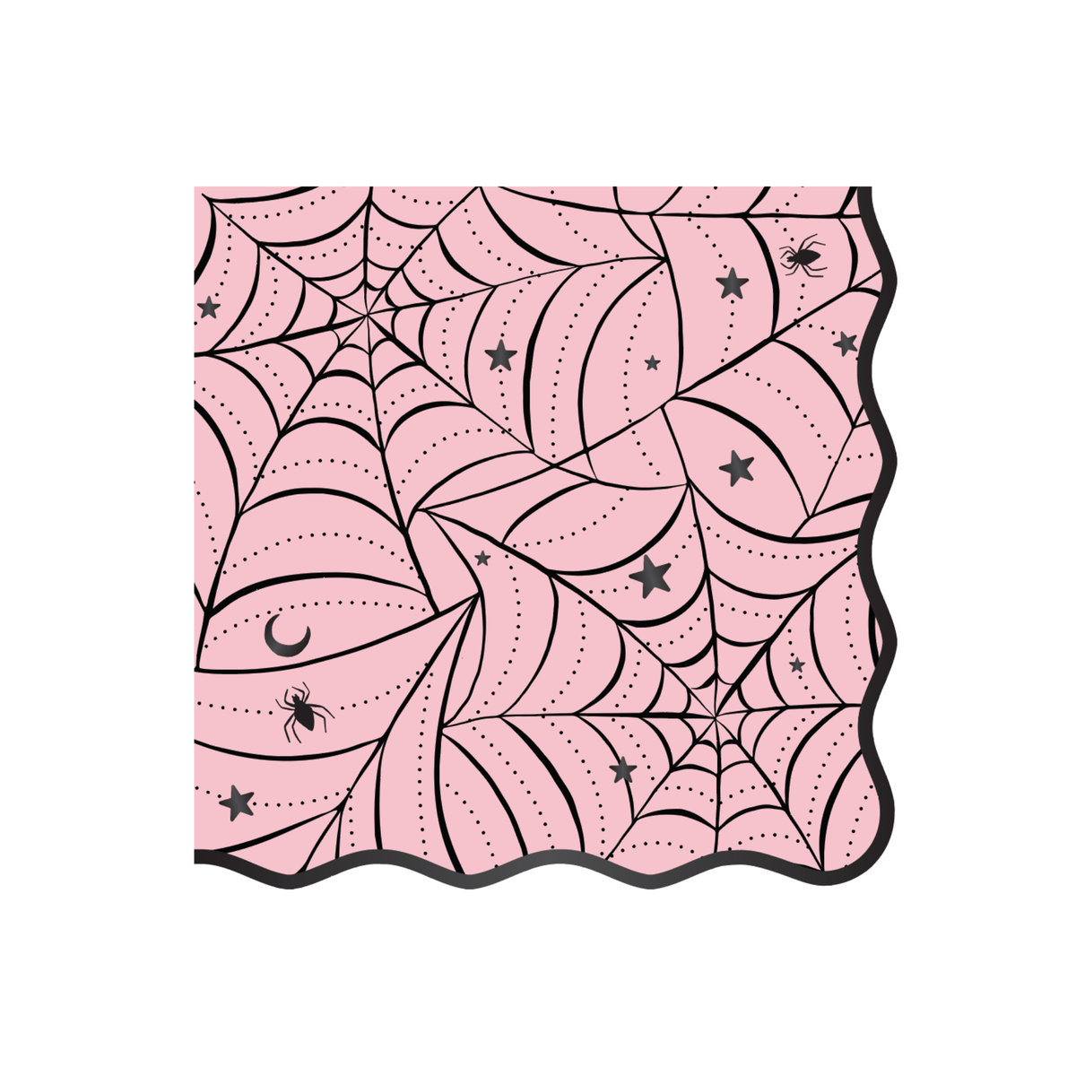 Soft-pink Halloween napkin with a wavy edge and an all-over black spiderweb, spiders, crescent moons, and stars design, flat view on white background.