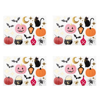 Pink Halloween paper napkin scattered with pink orange and red pumpkins, a black cat, bats, spiders, a cauldron, potion bottles, and gold moon and stars.