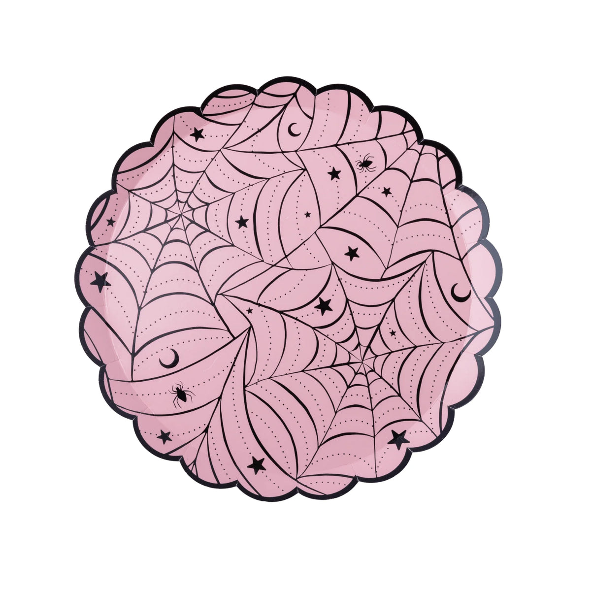 Pink scalloped Halloween plate with a gold-edged spiderweb and floral design.