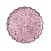 Pink scalloped Halloween plate with a gold-edged spiderweb and floral design.