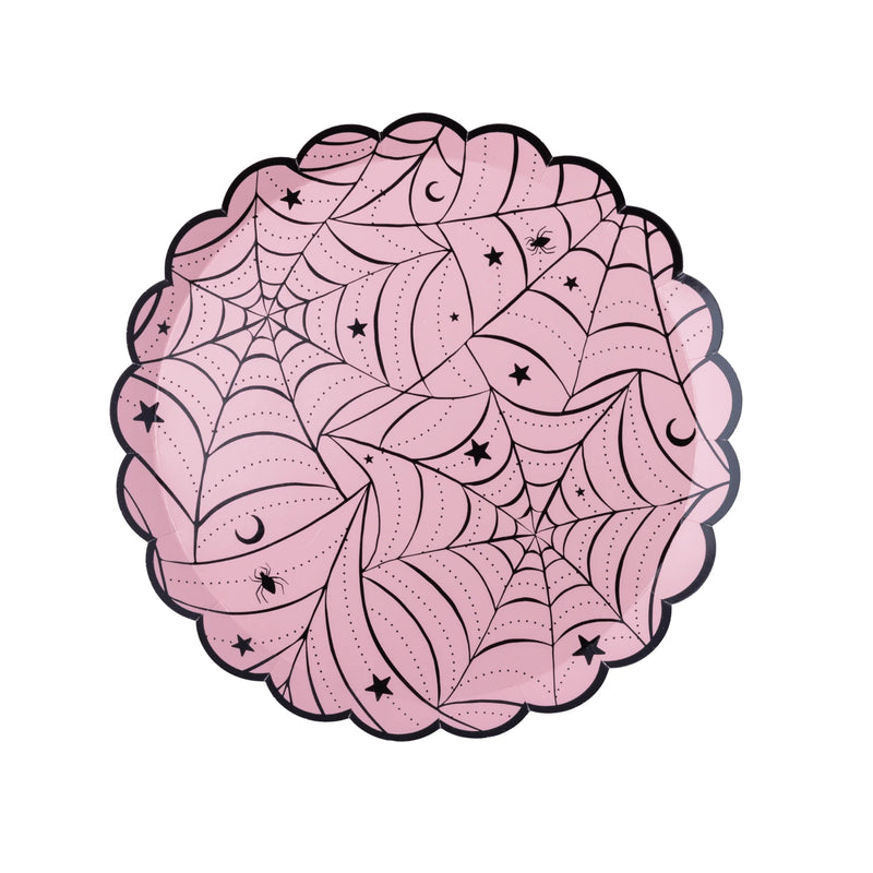 Pink scalloped Halloween plate with a gold-edged spiderweb and floral design.