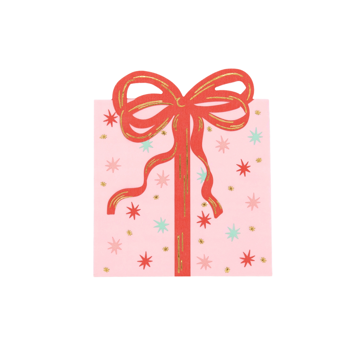 Top-down studio view of a square pink paper napkin designed to look like a Christmas present with a red bow and gold foil stars.