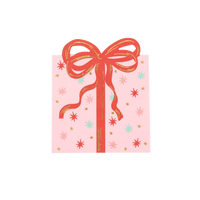 Top-down studio view of a square pink paper napkin designed to look like a Christmas present with a red bow and gold foil stars.