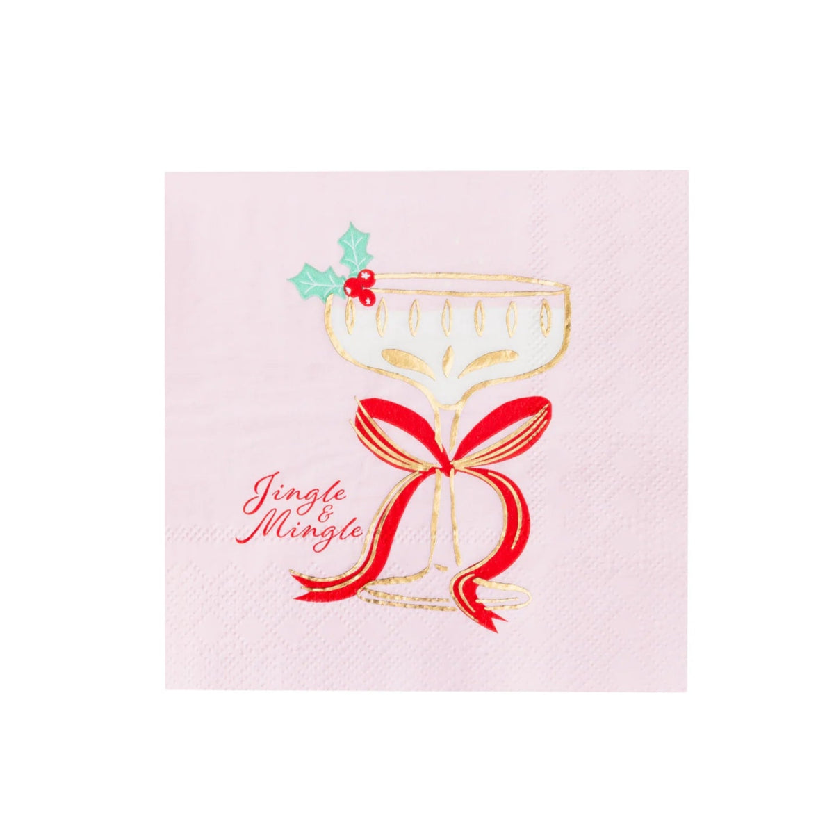 Single pink napkin reading ‘Jingle & Mingle’ with coupe glass art—cute Christmas party decorations.