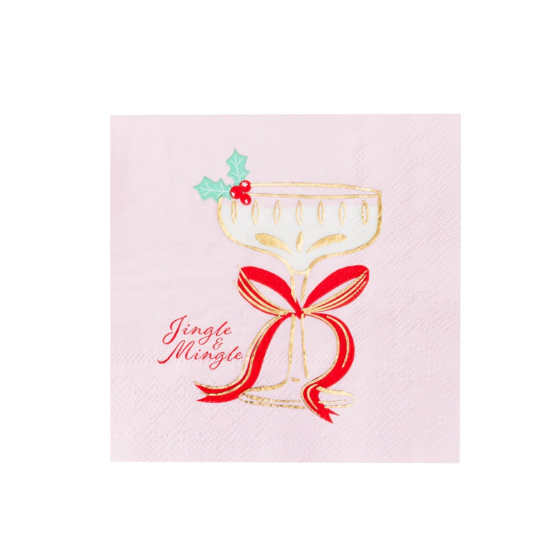 Single pink napkin reading ‘Jingle & Mingle’ with coupe glass art—cute Christmas party decorations.
