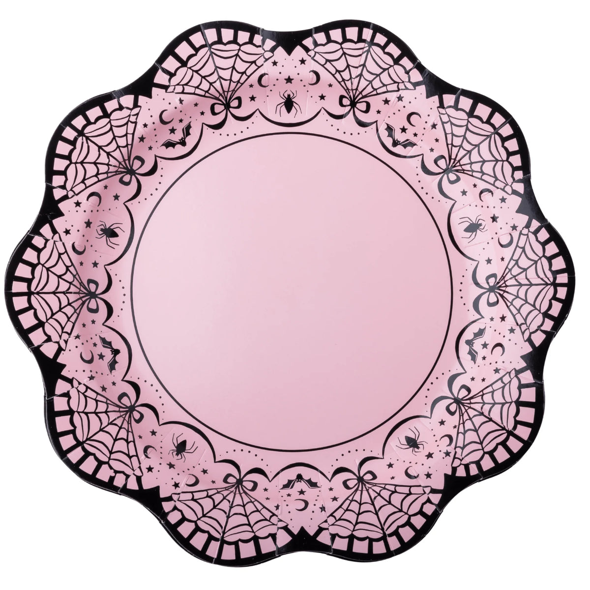 Pink scalloped Halloween plate with a black lace-and-spiderweb border on a white background.