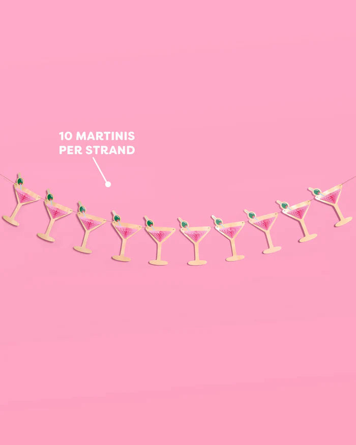 Full 5-foot pink martini glass banner with callout reading "10 martinis per strand"