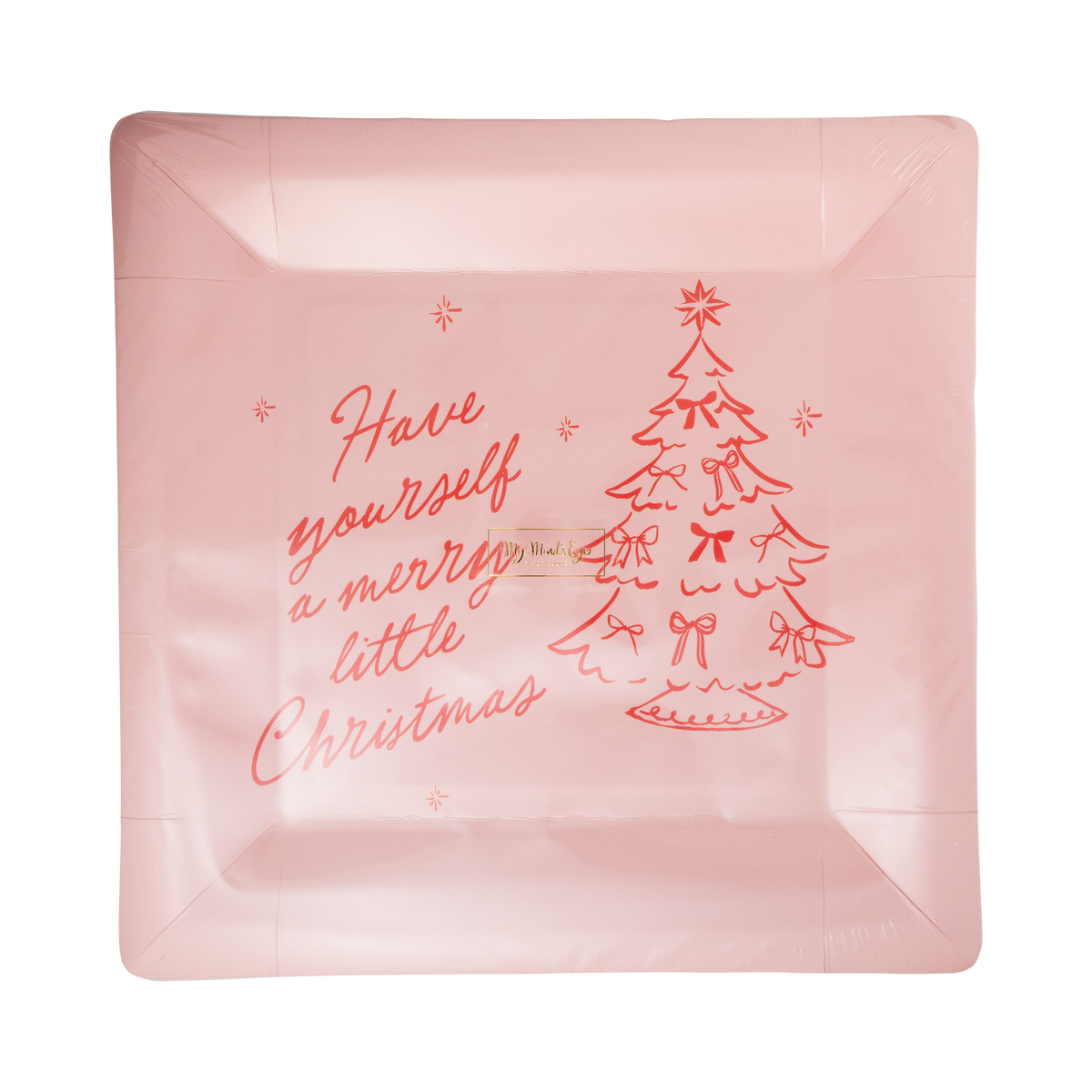 Pink square Merry Little Christmas paper plate with merry little Christmas lettering