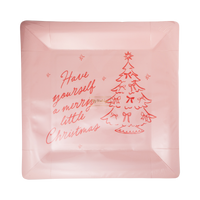 Pink square Merry Little Christmas paper plate with merry little Christmas lettering