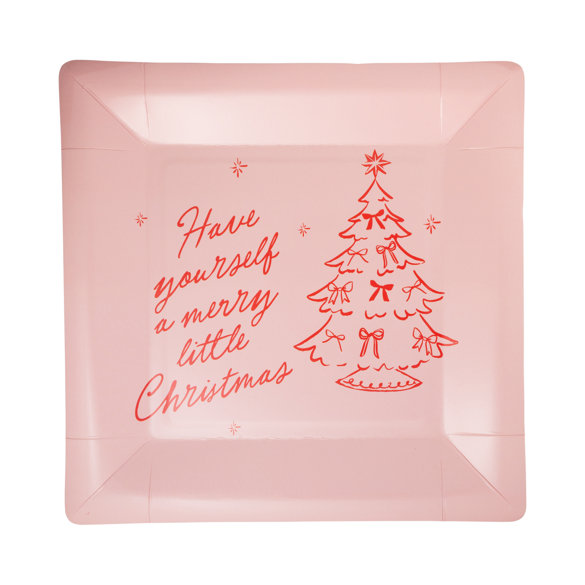 Pink square Merry Little Christmas paper dinner plate with a red Christmas tree design