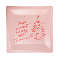 Pink square Merry Little Christmas paper dinner plate with a red Christmas tree design
