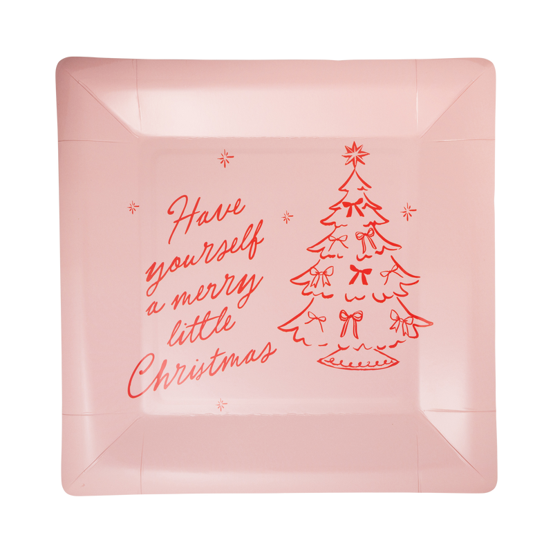 Pink square Merry Little Christmas paper dinner plate with a red Christmas tree design