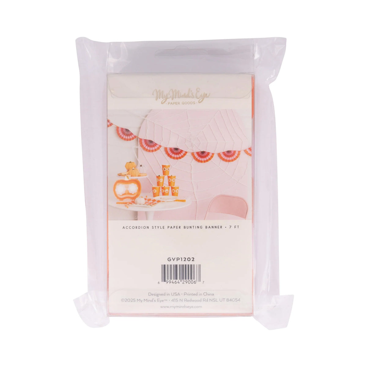 Back of package showing a styled photo with a pink-and-orange fan banner above a dessert table.