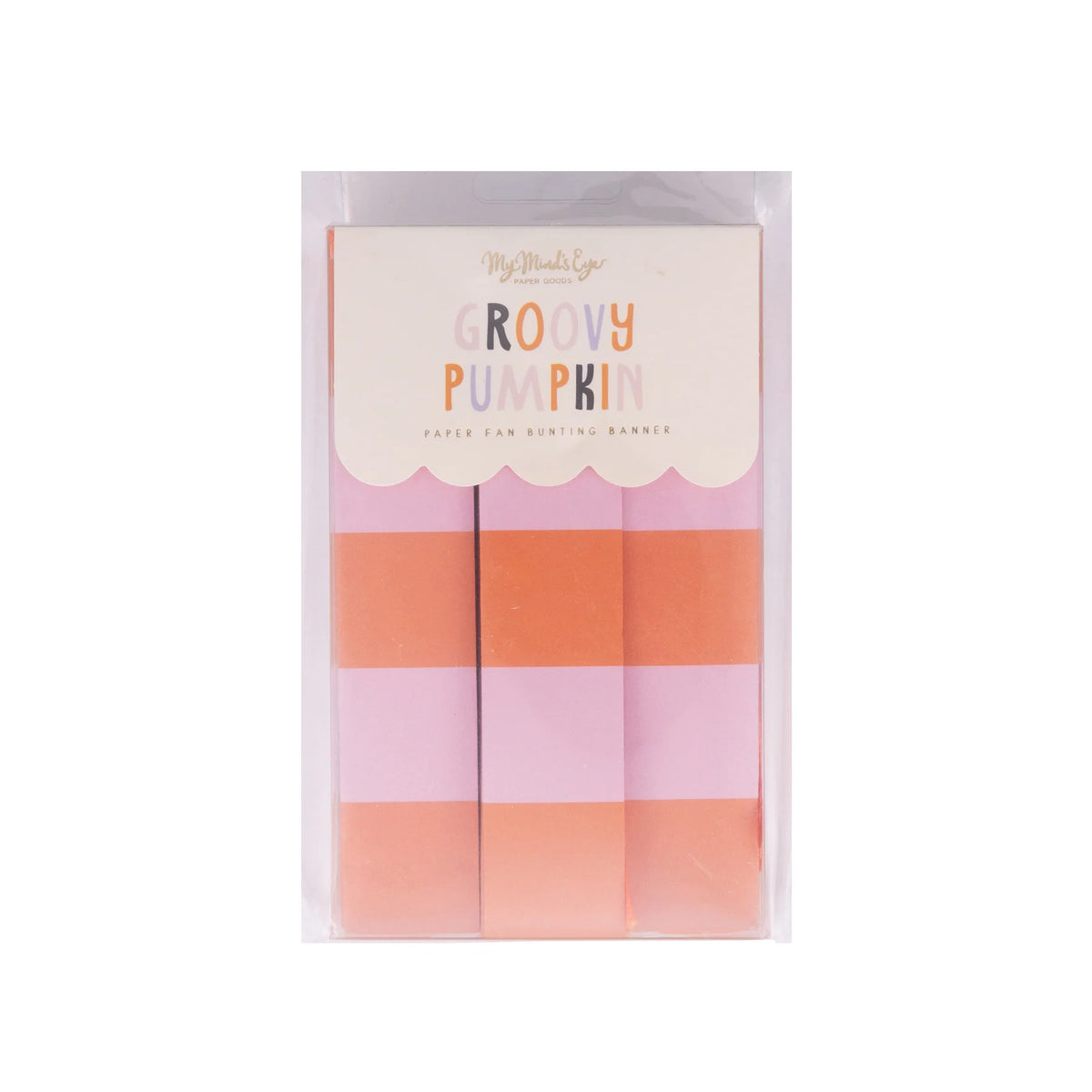 Front of package labeled “Groovy Pumpkin” with folded pink and orange banner pieces.
