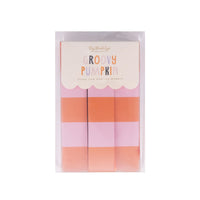 Front of package labeled “Groovy Pumpkin” with folded pink and orange banner pieces.