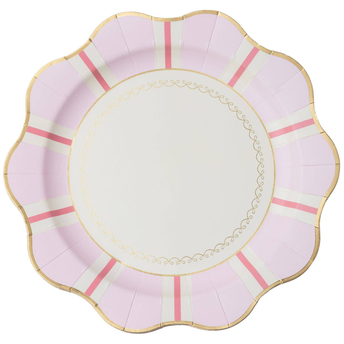 Soft petal pink dinner plate with a Regency stripe, a delicately scalloped gold-trimmed rim, and a pearl inner border, shown stacked at an angle on white.