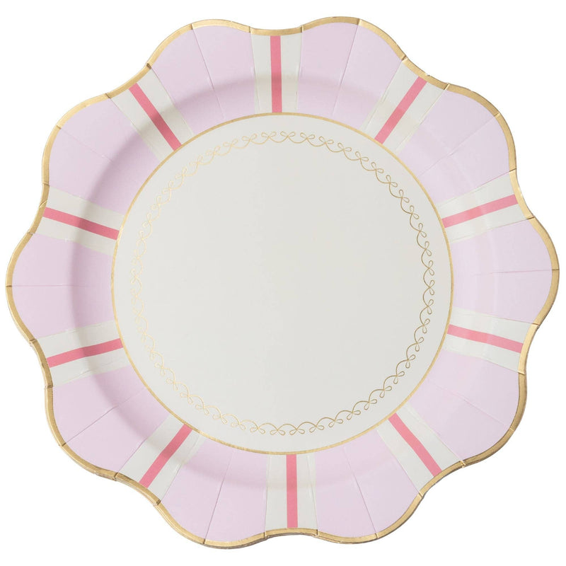 Soft petal pink dinner plate with a Regency stripe, a delicately scalloped gold-trimmed rim, and a pearl inner border, shown stacked at an angle on white.