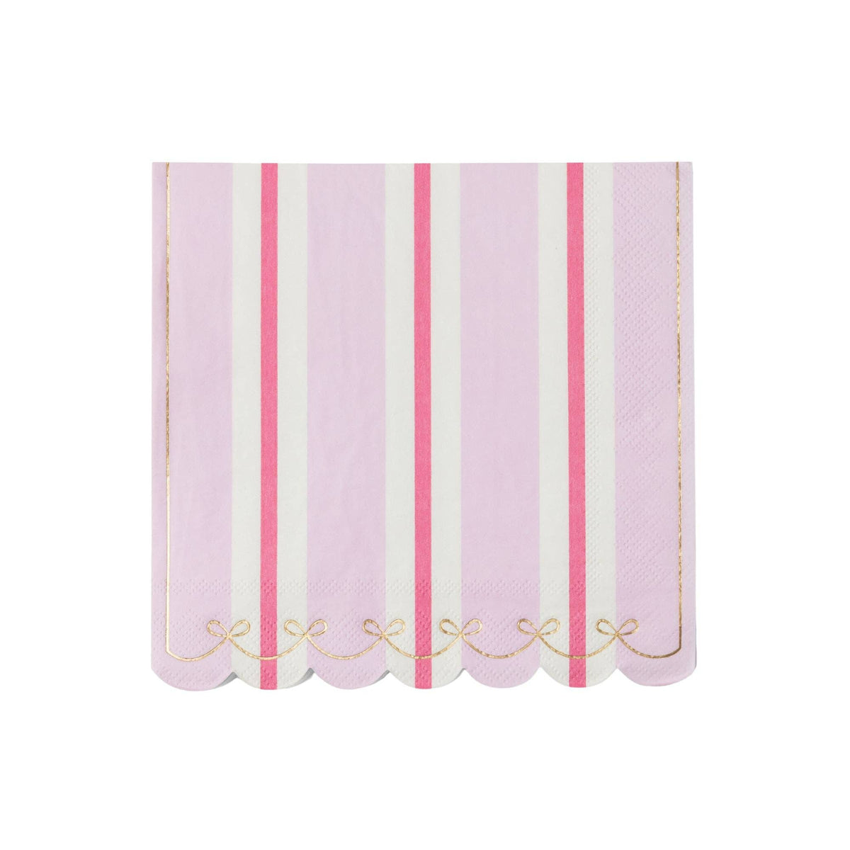 Soft petal pink napkin with a Regency stripe in pink and cream and a wavy scalloped edge, front view on white background.