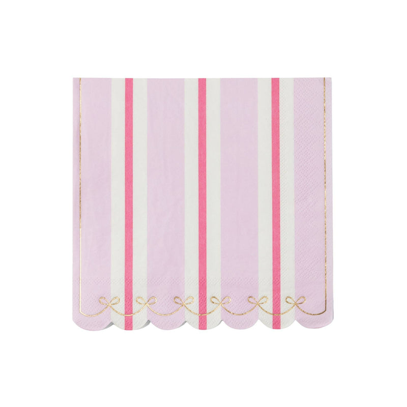 Soft petal pink napkin with a Regency stripe in pink and cream and a wavy scalloped edge, front view on white background.