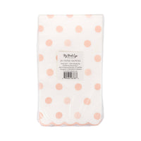 Back of baby pink polka dot napkin packaging showing quantity details