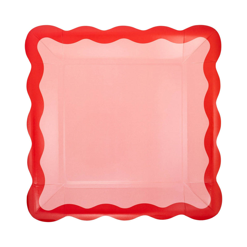 Pink and red ric rac scalloped square paper plate on white background