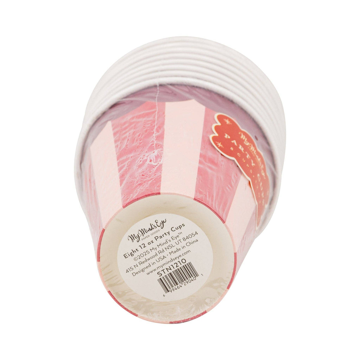 Bottom view of packaged pink and red striped Christmas party cups showing product label