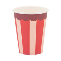 Single pink and red striped Christmas party cup with scalloped rim