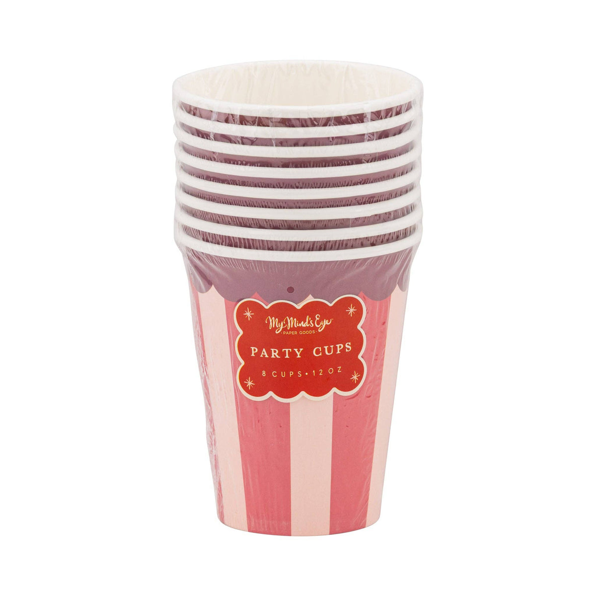 Stack of eight pink and red striped Christmas party cups in packaging labeled “My Mind’s Eye Party Cups”