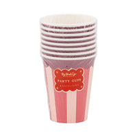 Stack of eight pink and red striped Christmas party cups in packaging labeled “My Mind’s Eye Party Cups”