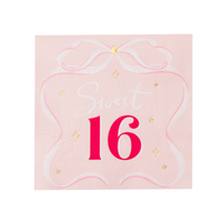 Single 6.5 inch folded square napkin with a pink bow and red Sweet 16 text on a petal-blush background.