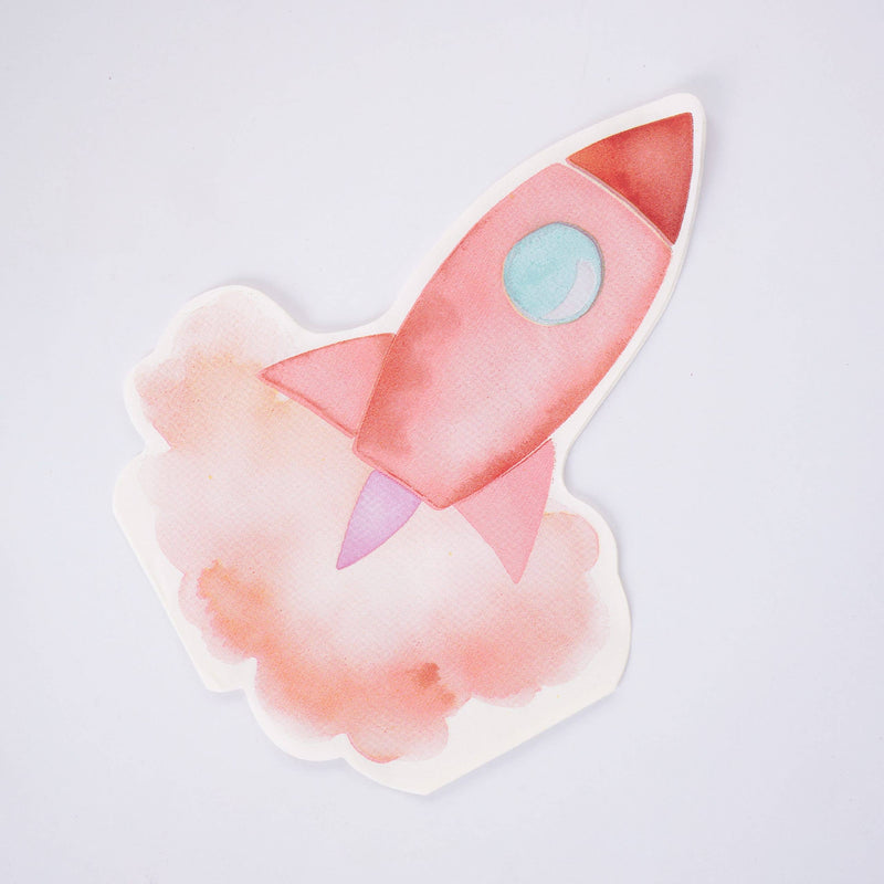 Single die-cut coral pink rocketship paper napkin with a watercolor exhaust cloud on white
