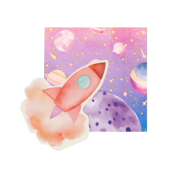 Pink rocket-shaped napkin beside a pink and purple galaxy print napkin
