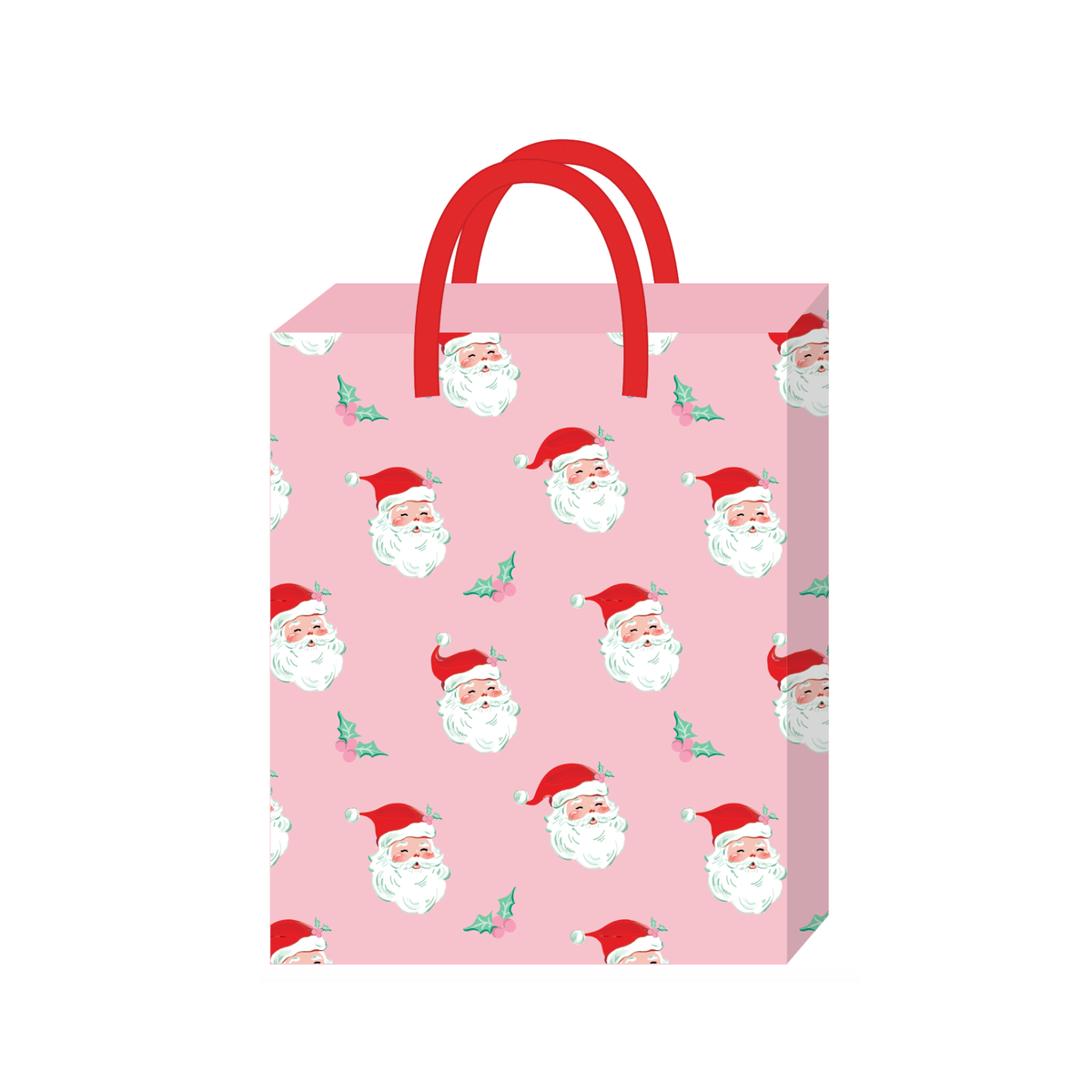 Pink Christmas gift bag with vintage Santa faces, pink holly berries and red rope handles