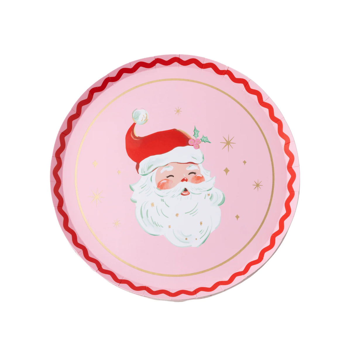 Pink vintage Santa paper dessert plate with a red rickrack border and gold foil stars