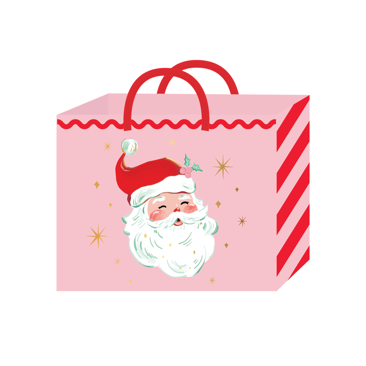 Large pink gift bag with a retro winking Santa, gold starbursts, candy stripe sides, and red grosgrain handles