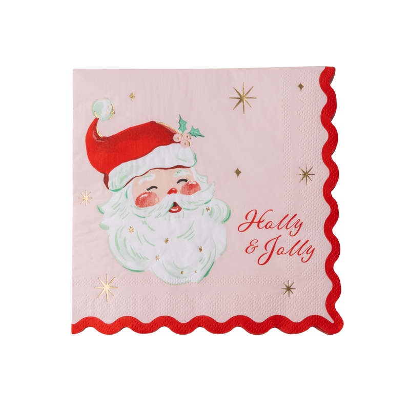 Pink vintage Santa paper napkin with gold foil stars and a red scalloped edge