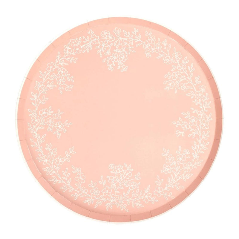 Pink floral dinner plate with scalloped edge and botanical wreath